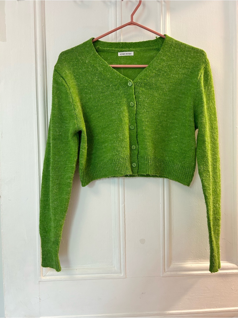 Green Cropped Knit V-Neck Cardigan Sweater